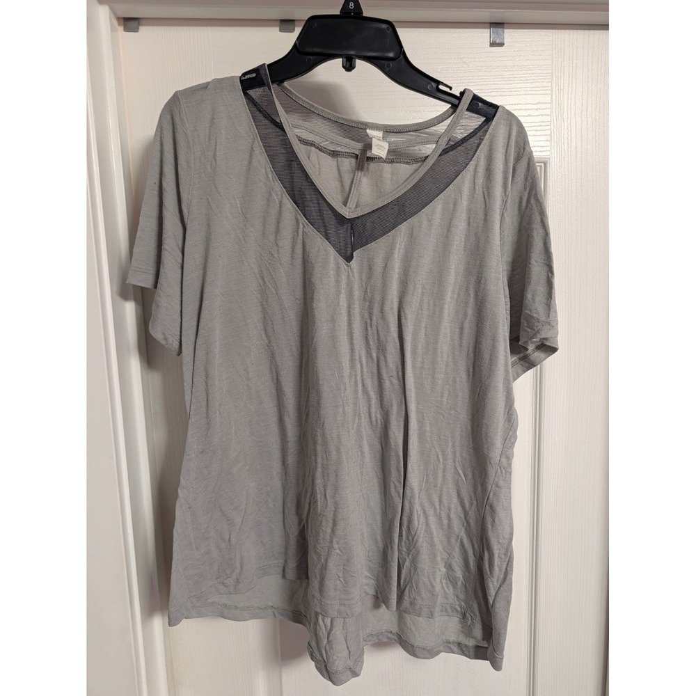 Marika Women Gray Mesh V-Neck Short Sleeve Activewear Top Size 2X